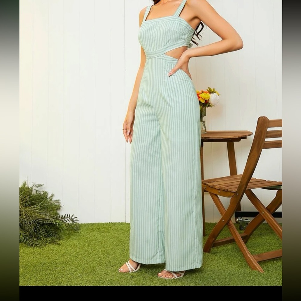 Jade Pinstriped backless knot jumpsuit